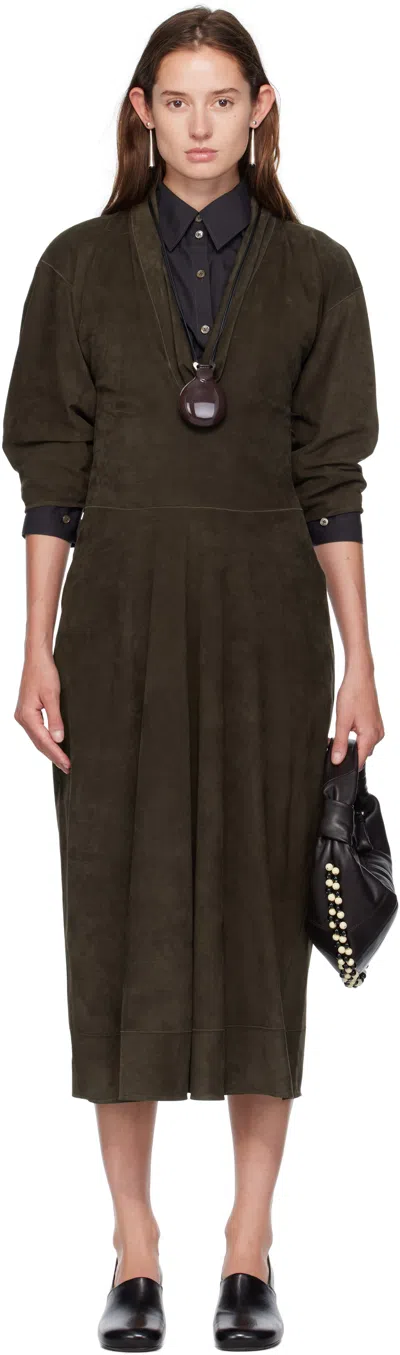 Lemaire Khaki V-neck Nubuck Midi Dress In Green
