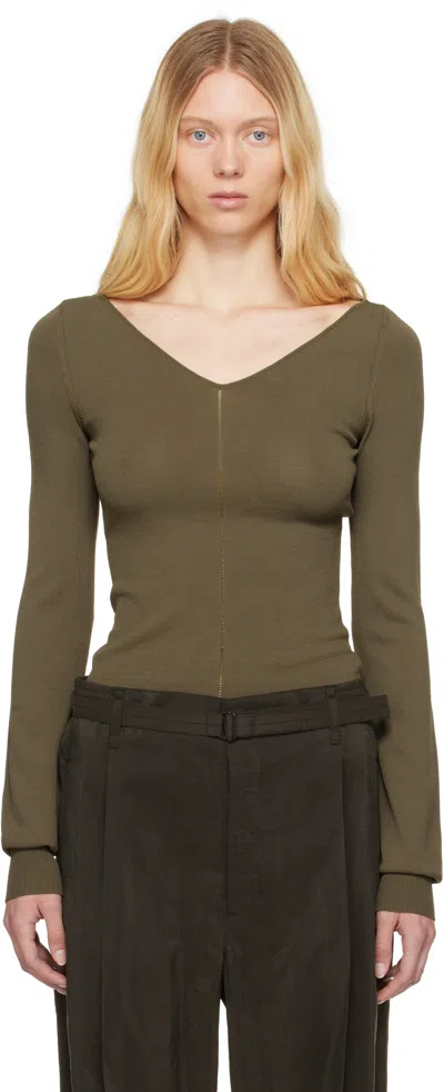Lemaire Khaki Wide V-neck Top In Gr678 Dark Khaki
