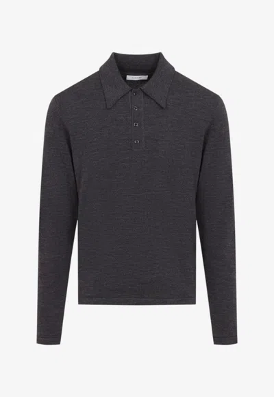 Lemaire Knitted Wool Polo Sweater In Gray