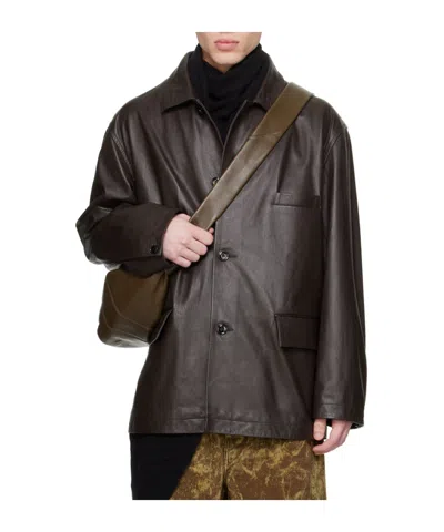 Lemaire Brown Spread Collar Leather Jacket In Br449 Dark Brown