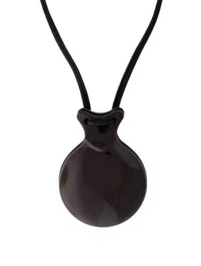 Pre-owned Lemaire Leather & Acrylic Castanet Mirror Pendant Necklace, 34" In Black/brown