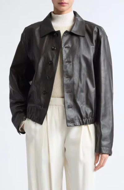 Lemaire Leather Blouson Jacket In Dark Espresso