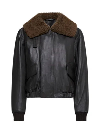 Lemaire Leather Blouson Dark Espresso In Black