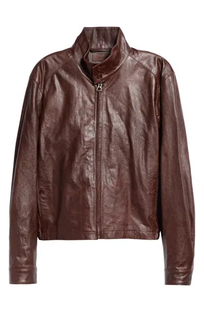 Lemaire Leather Harrington Jacket In Brick