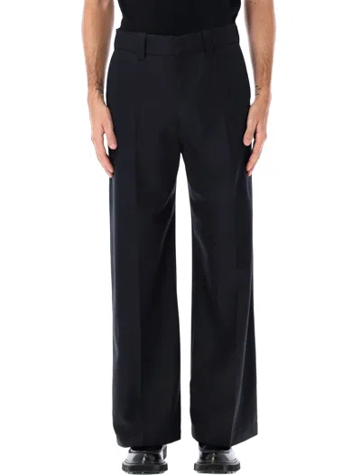 Lemaire Straight Tailored Pants In Poly Wool Twill In Blue