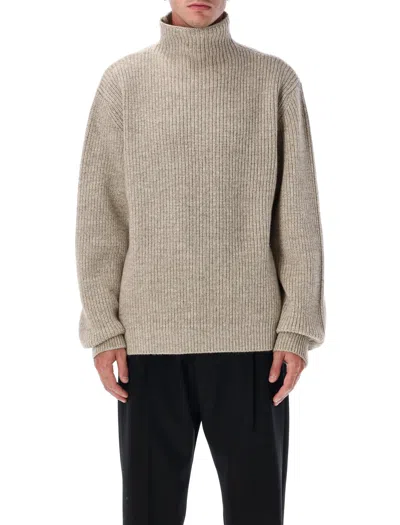 Lemaire Ribbed Highneck Sweater Long Sleeves In Neutral