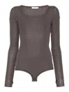 Lemaire Ribbed Long-sleeve High-cut Bodysuit In Dark Brown