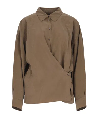 Lemaire Long Sleeved Draped Shirt In Brown