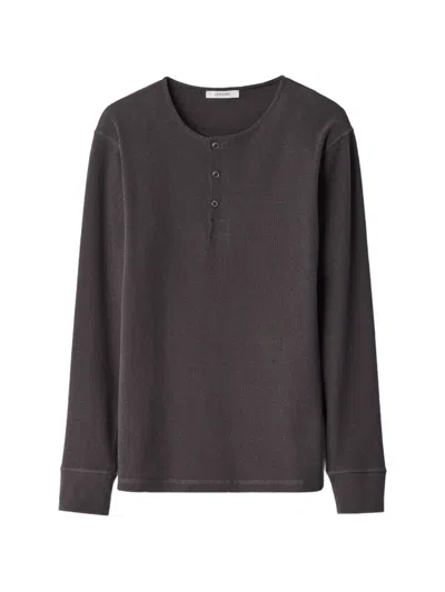 Lemaire Long-sleeve Henley T-shirt In Linen And Cotton Ribbed Jersey In Gray