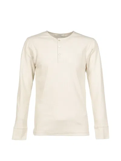 Lemaire Long-sleeve Henley T-shirt In Linen And Cotton-ribbed Jersey In Gray