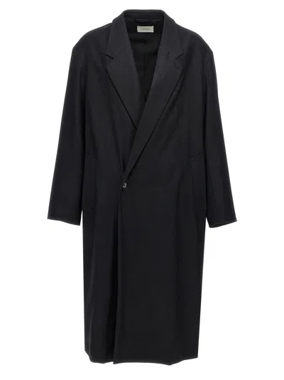 Lemaire Longline Coat With Notched Lapel And Pockets In Black