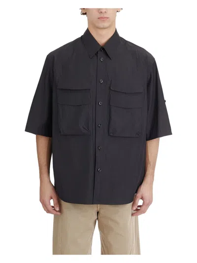 Lemaire Boxy Black Button-down Shirt With Flap Pockets In Blue
