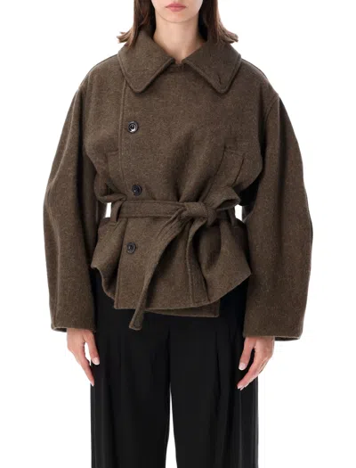 Lemaire Oversized Short Wrap Coat With Removable Belt And High Collar In Brown