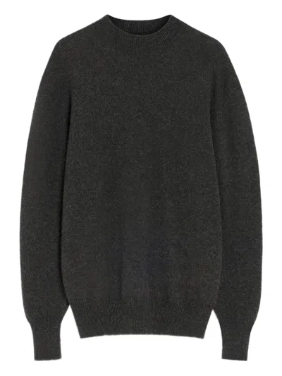 Lemaire Boxy Round Neck Sweater In Ribbed Virgin Wool In Black