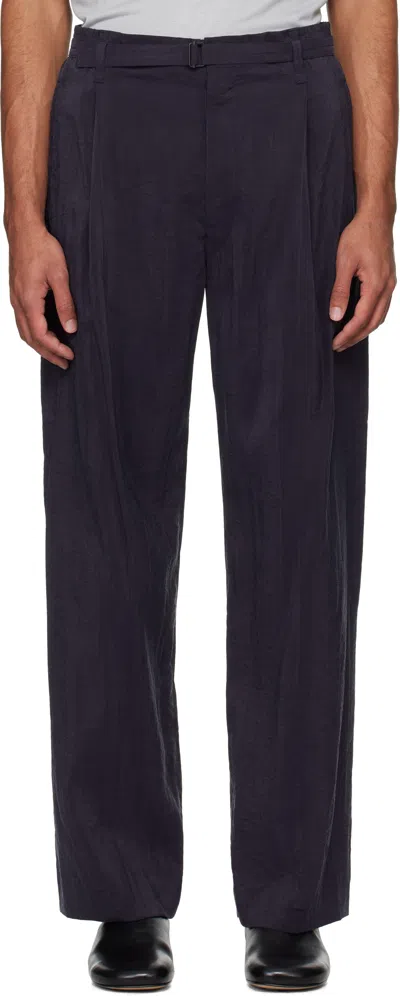 Lemaire Navy Belted Relaxed Trousers In Pu890 Midnight Viole