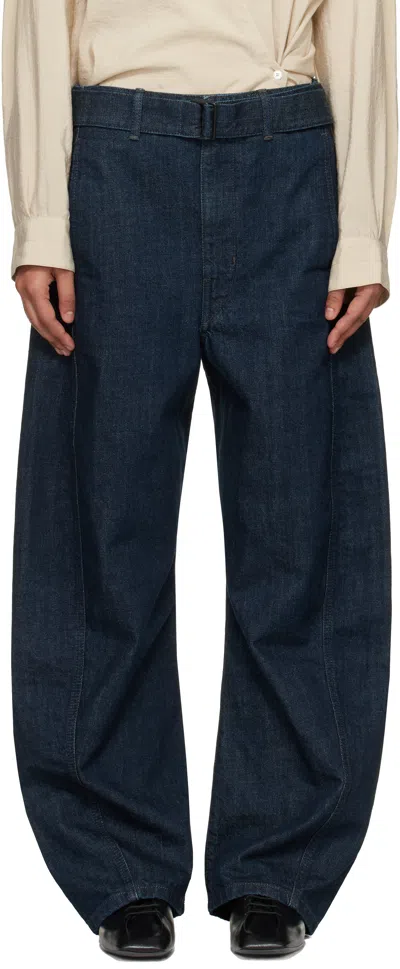 Lemaire Twisted Belted Mid-rise Barrel-leg Jeans In Blue