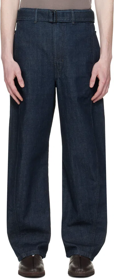 Lemaire Navy Twisted Belted Jeans In Blue