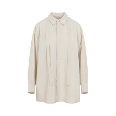 Lemaire Oat Milk White Silk Long Shirt With Tie In Brown
