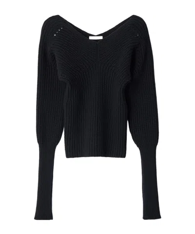 Lemaire Off-shoulder Sweater In Worsted Wool In Black