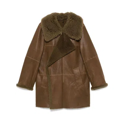 Lemaire Asymmetric Shearling Coat In Brown