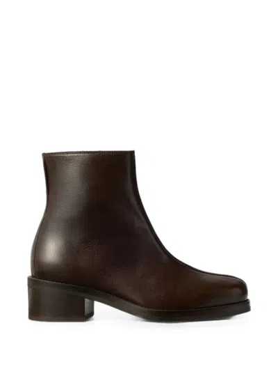 Lemaire Piped Ankle Boots In Shiny Buffalo Leather In Brown