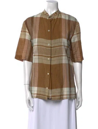 Pre-owned Lemaire Plaid Print Three-quarter Sleeve Button-up Top In Brown