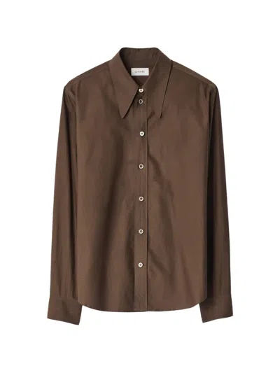 Lemaire Pointed Collar Shirt In Washed Cotton Silk In Brown