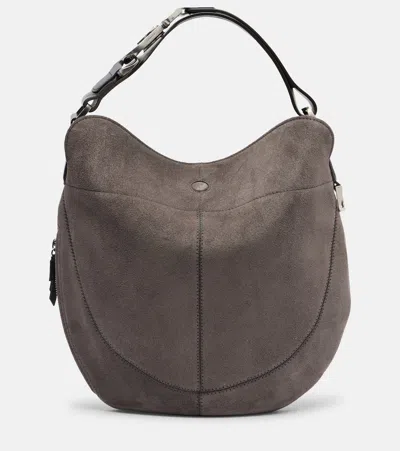 Lemaire Quiver Clip Medium Suede Shoulder Bag In Gray