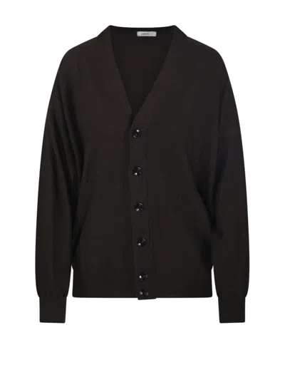 Lemaire Relaxed Fit Twisted Cardigan With Deep V-neckline And Button-down Front In Black