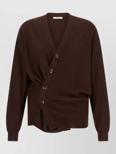 Lemaire Relaxed Fit V Neck Rib Knit Cardigan In Brown
