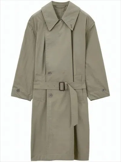 Lemaire Relaxed Oversized Trench Coat With Belted Waist And Subtle Texture In Green