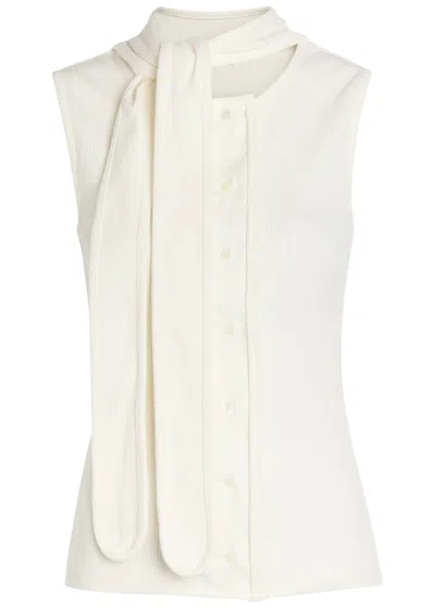 Lemaire Tie-neck Ribbed Stretch-cotton And Linen-blend Jersey Top In White
