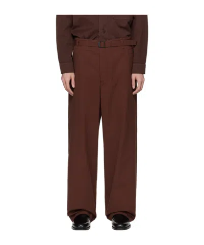 Lemaire Brown Seamless Belted Trousers In Br401 Chocolate Fond