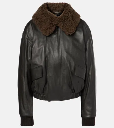 Lemaire Leather Blouson With Shearling Collar In Brown