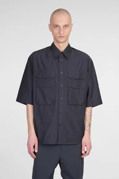 Lemaire Boxy Black Button-down Shirt With Flap Pockets In Blue