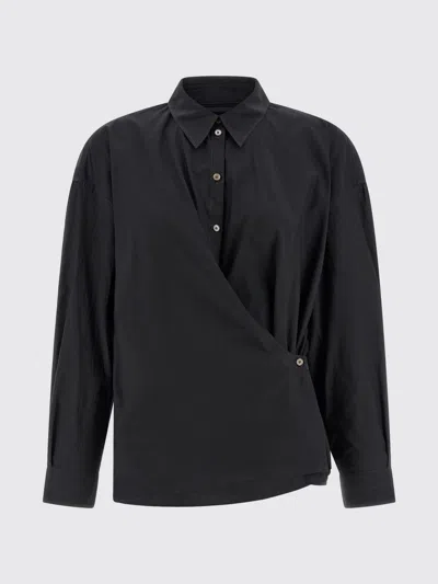 Lemaire Straight Collar Twisted Shirt In Washed Cotton Silk In Black