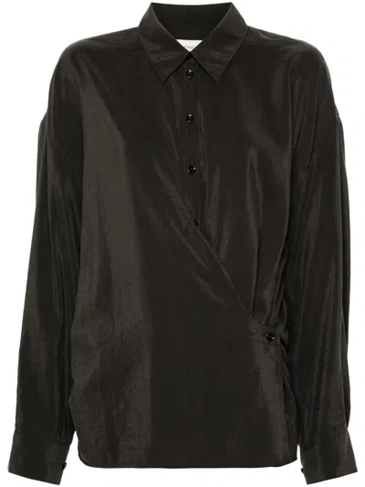 Lemaire Dry Silk Straight Collar Shirt In Brown