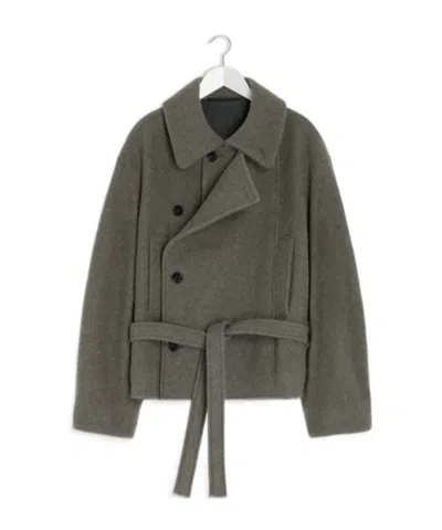 Lemaire Short Asymmetrical Bathrobe Coat In Gray