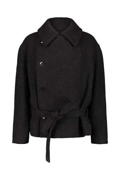 Lemaire Short Asymmetrical Bathrobe Coat In Black