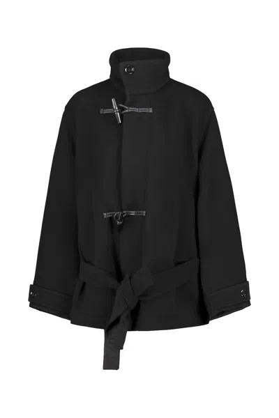 Lemaire Belted Funnel Neck Duffle Coat In Black