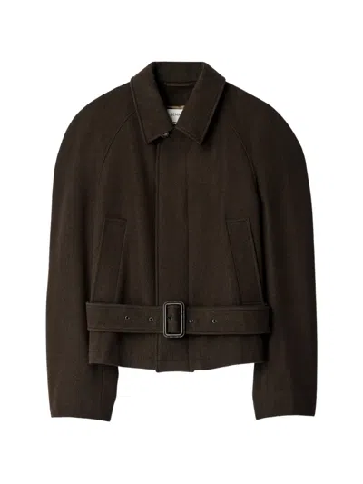 Lemaire Short Belted Coat In Wool And Cotton Twill In Brown