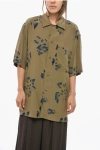 Lemaire Short-sleeved Viscose Shirt With Floral Motif In Brown