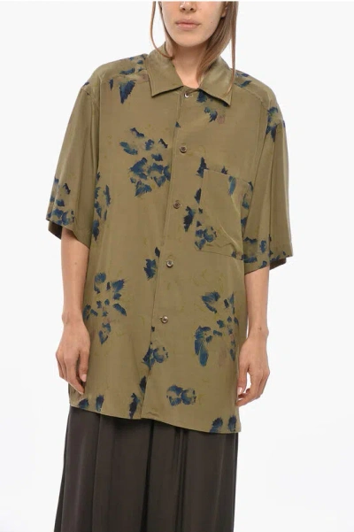 Lemaire Short-sleeved Viscose Shirt With Floral Motif In Brown