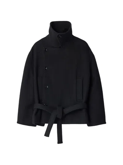 Lemaire Short Wrap Coat In Felted Wool And Alpaca Blend In Black