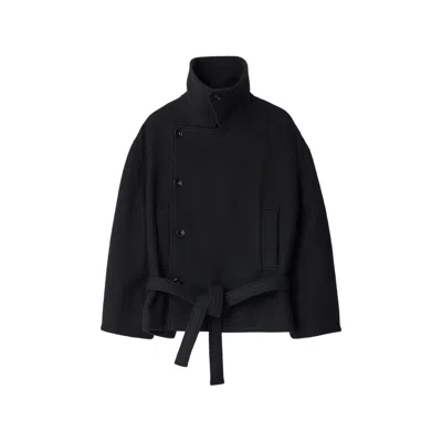 Lemaire Short Wrap Coat In Felted Wool And Alpaca Blend In Black