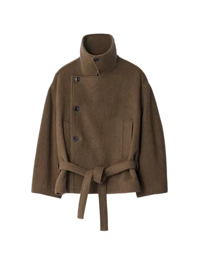 Lemaire Short Wrap Coat In Felted Wool And Alpaca Blend In Green