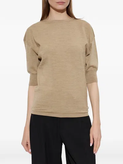 Lemaire Short-sleeve Sweater In Fine Merino Wool In Brown