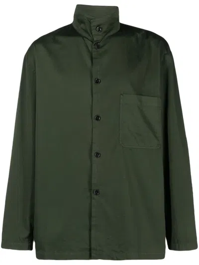 Lemaire Green Stand Collar Shirt In Hunter Green