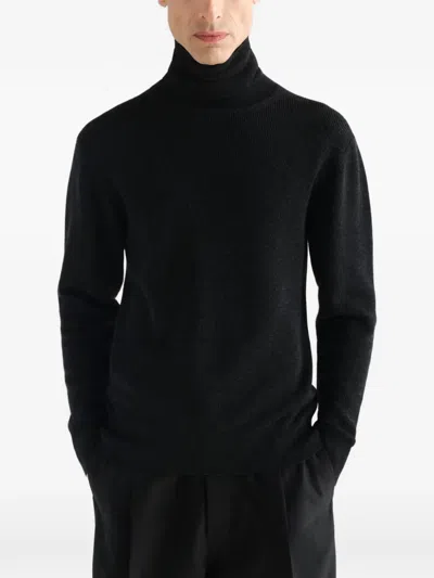 Lemaire Stand-collar Sweater In Fine Mouliné Merino Wool In Black