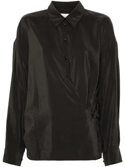 Lemaire Dry Silk Straight Collar Shirt In Brown